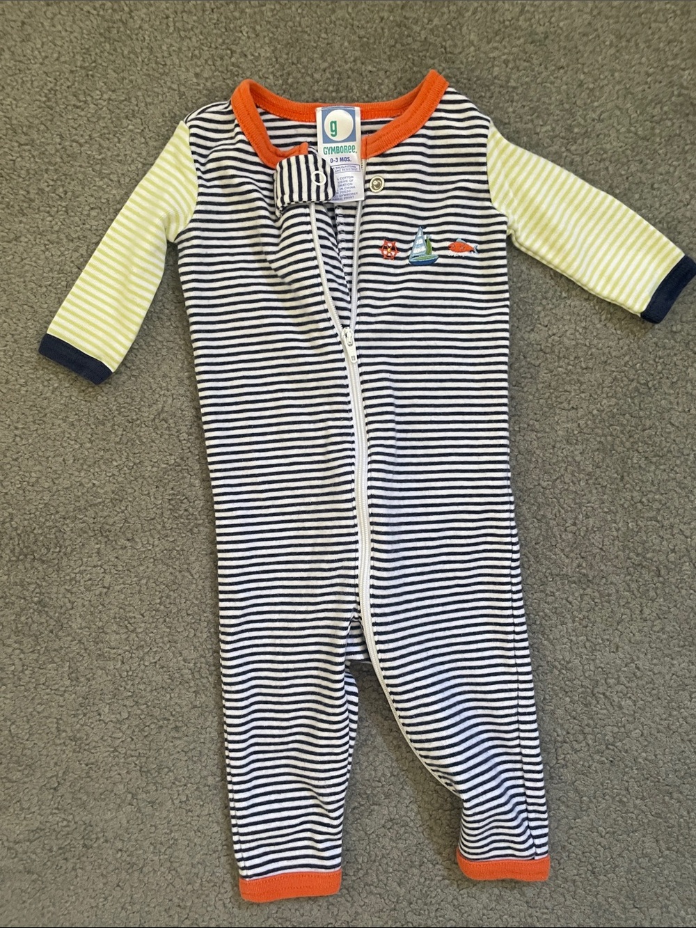 Gymboree Navy & White Striped One-Piece with Yellow Sleeves and Orange Trim
